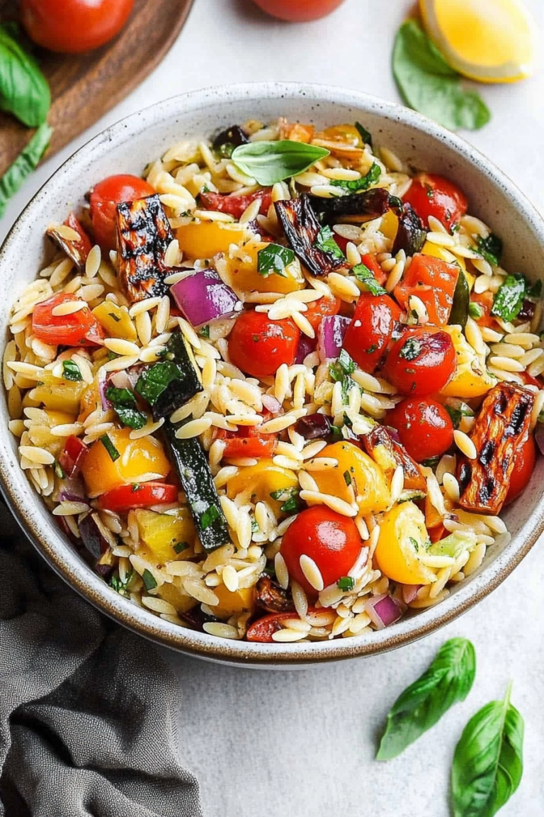 Grilled vegetable orzo pasta salad