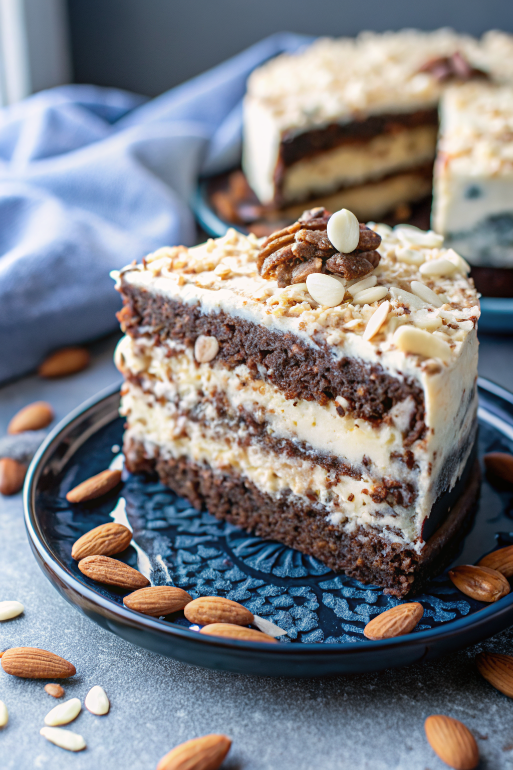 Almond Joy Layer Cake beautifully presented from an overhead angle