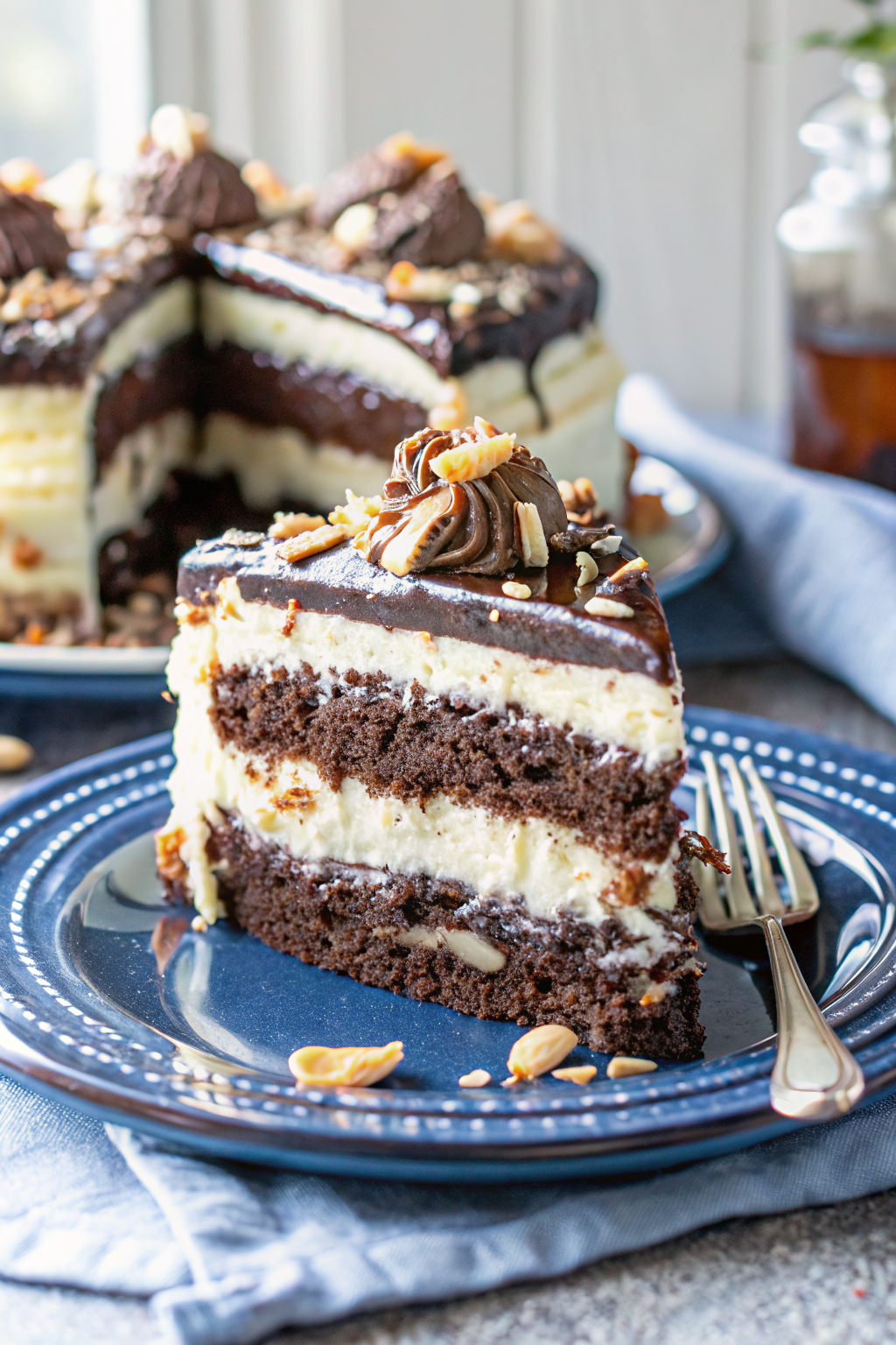 Almond Joy Layer Cake slice on plate showing perfect texture and swirl pattern