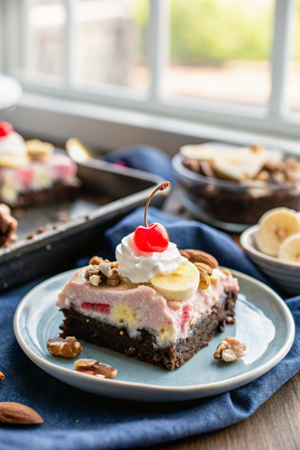 Banana Split Brownies slice on plate showing perfect texture and swirl pattern