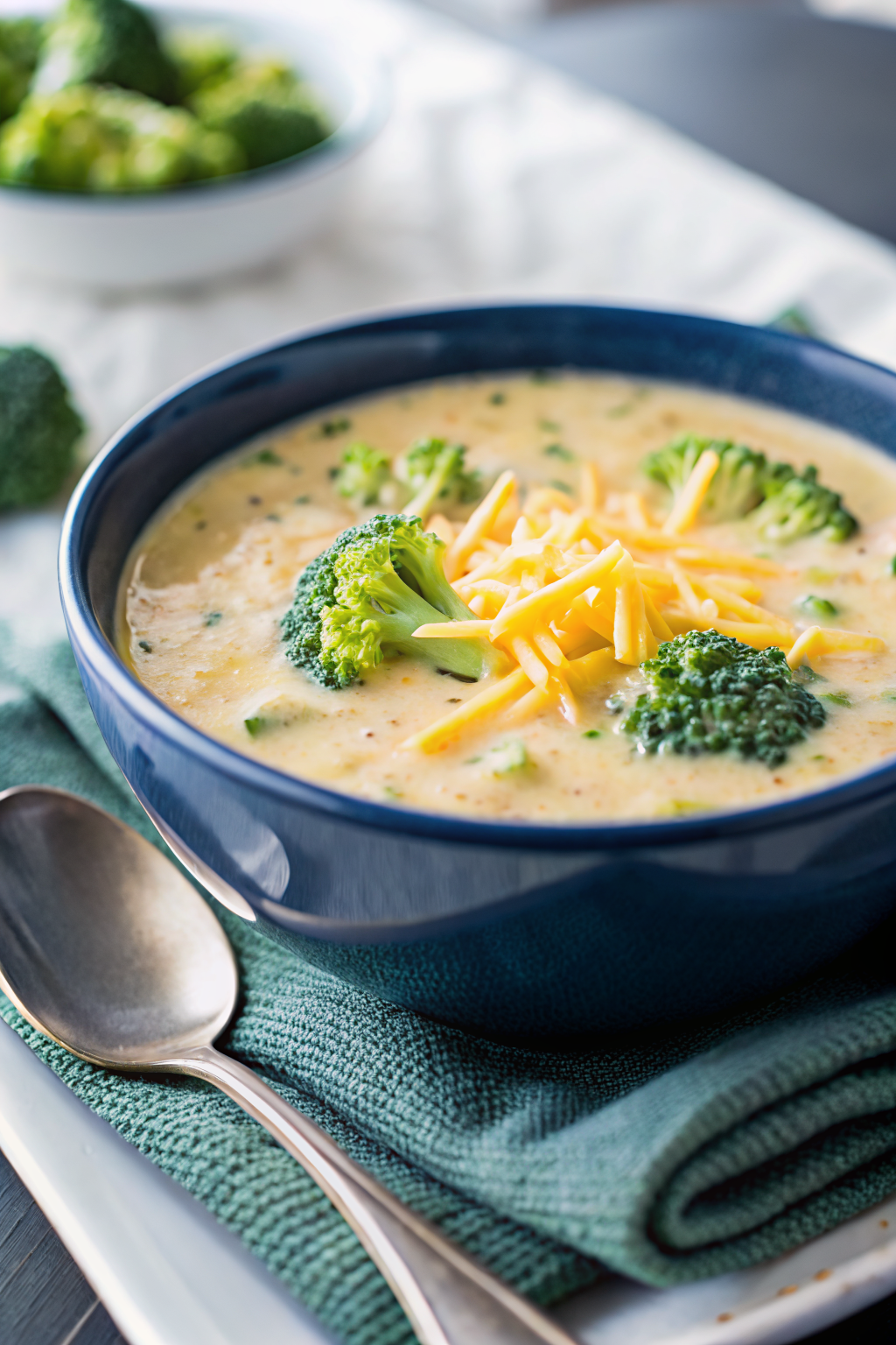 Best Broccoli Cheese Soup beautifully presented from an overhead angle
