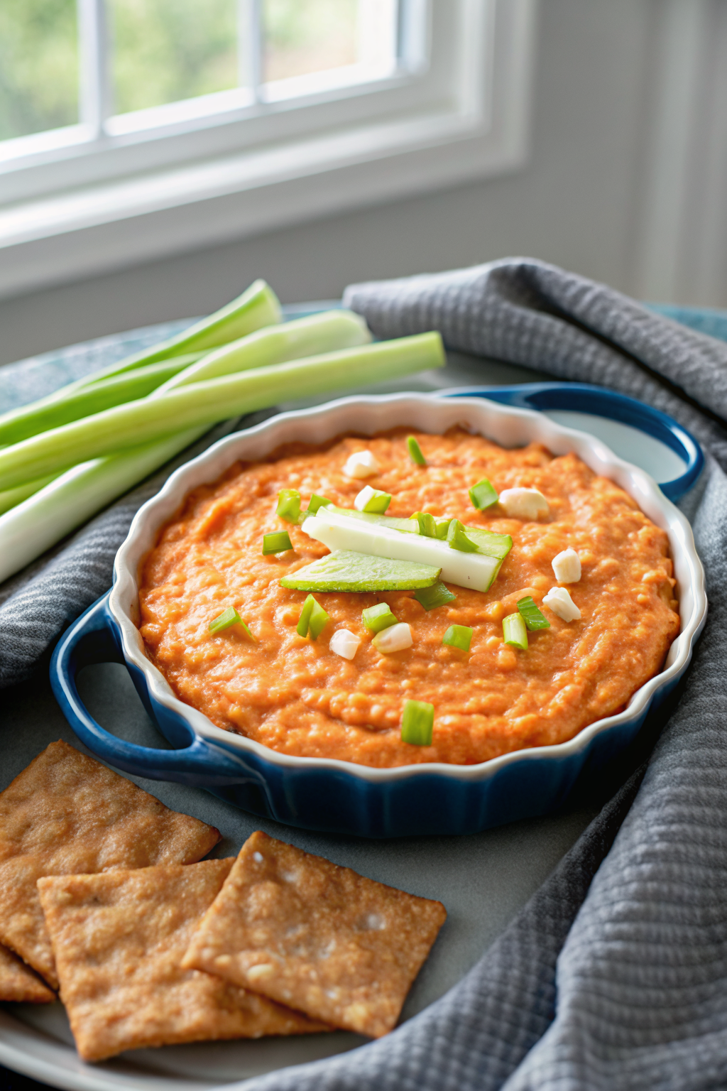 Buffalo Chicken Dip beautifully presented from an overhead angle