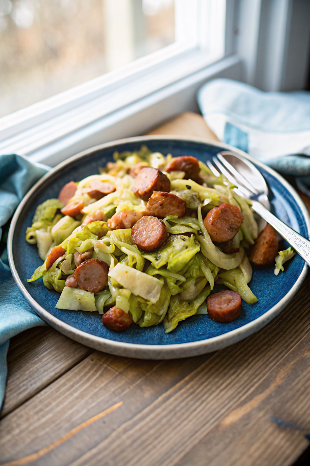 Cabbage and Sausage Skillet beautifully presented from an overhead angle
