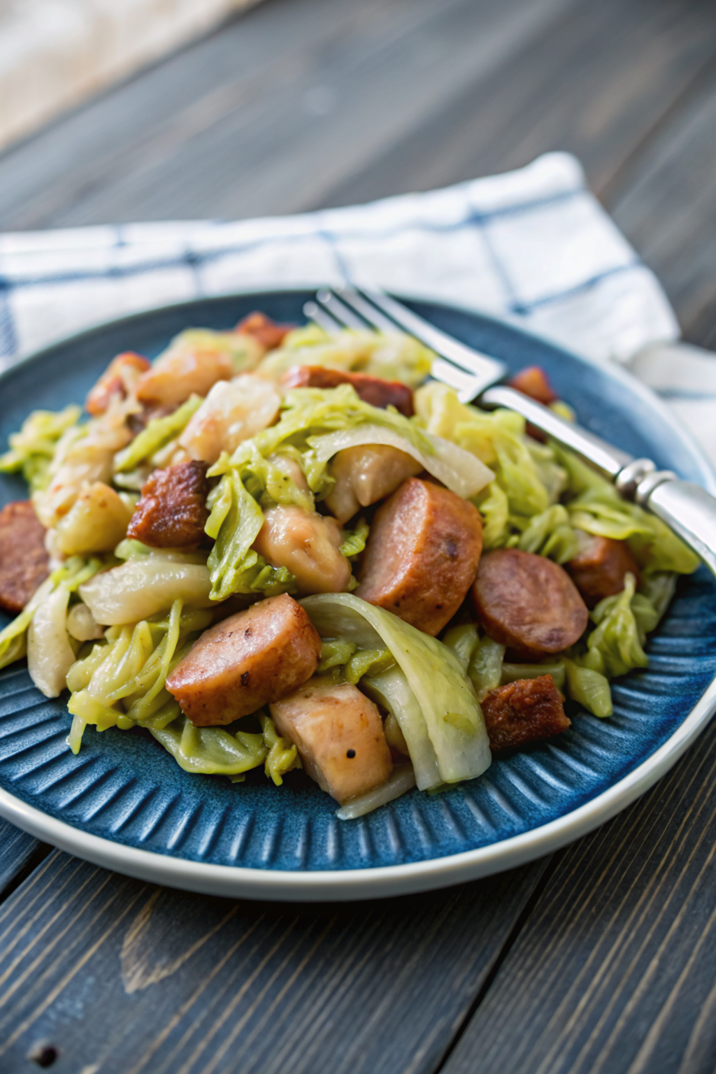 Cabbage and Sausage Skillet slice on plate showing perfect texture and swirl pattern