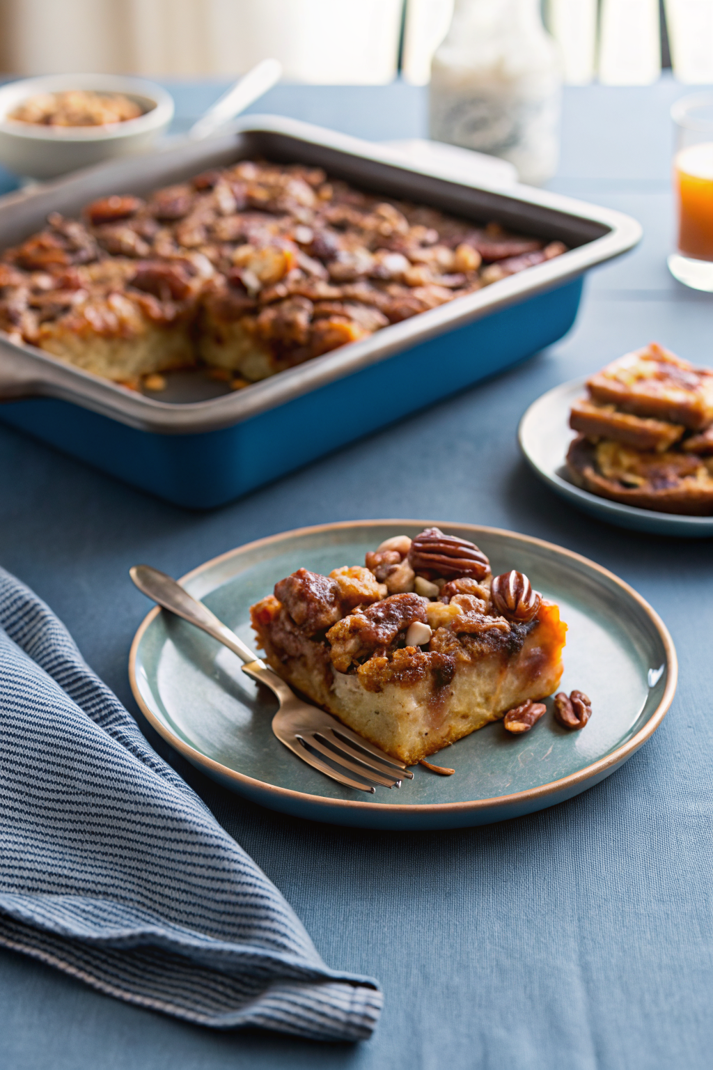 Caramel Pecan Breakfast Casserole beautifully presented from an overhead angle