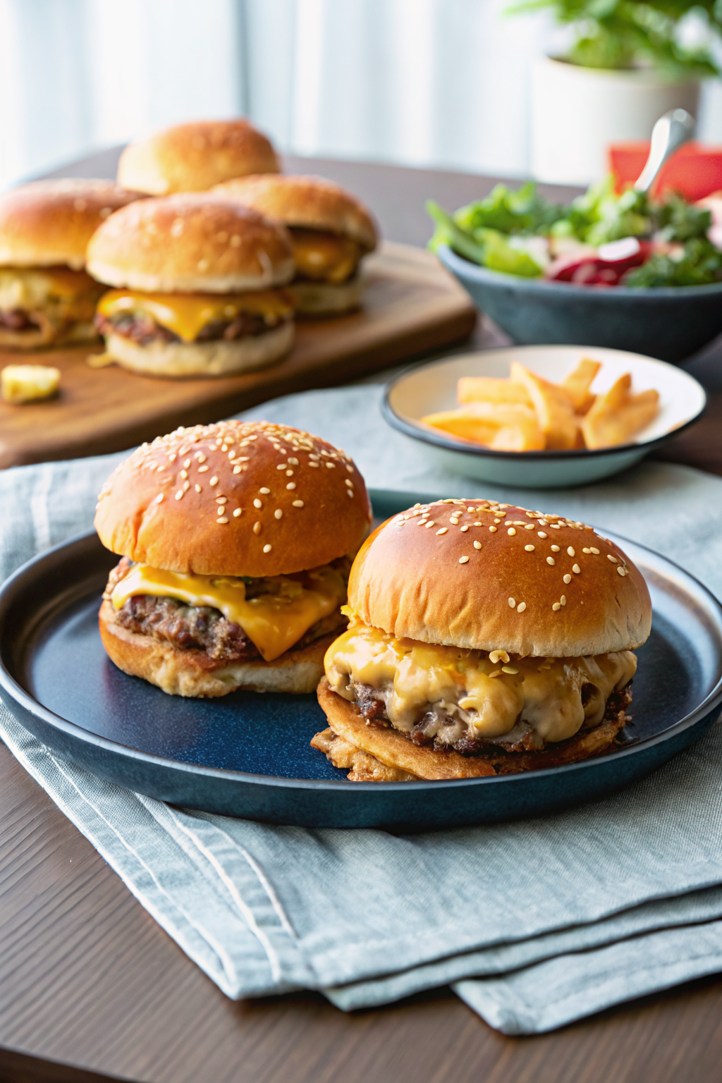 Cheeseburger Sliders beautifully presented from an overhead angle
