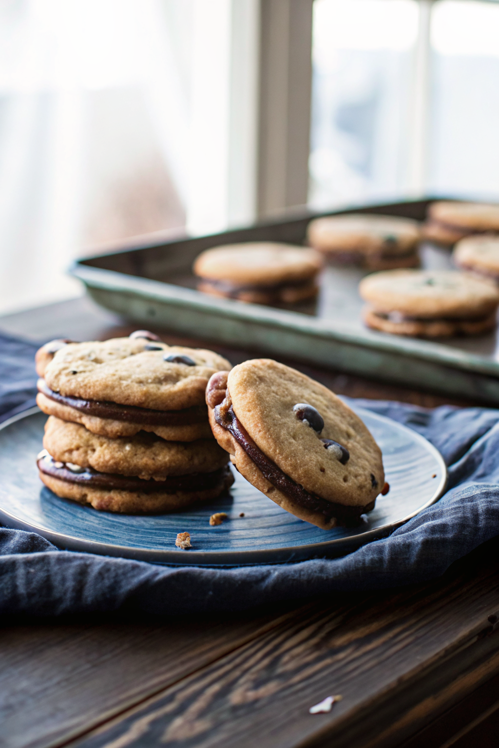 Chocolate Chip Cookie Sandwiches with Nutella Cream Cheese Filling beautifully presented from an overhead angle
