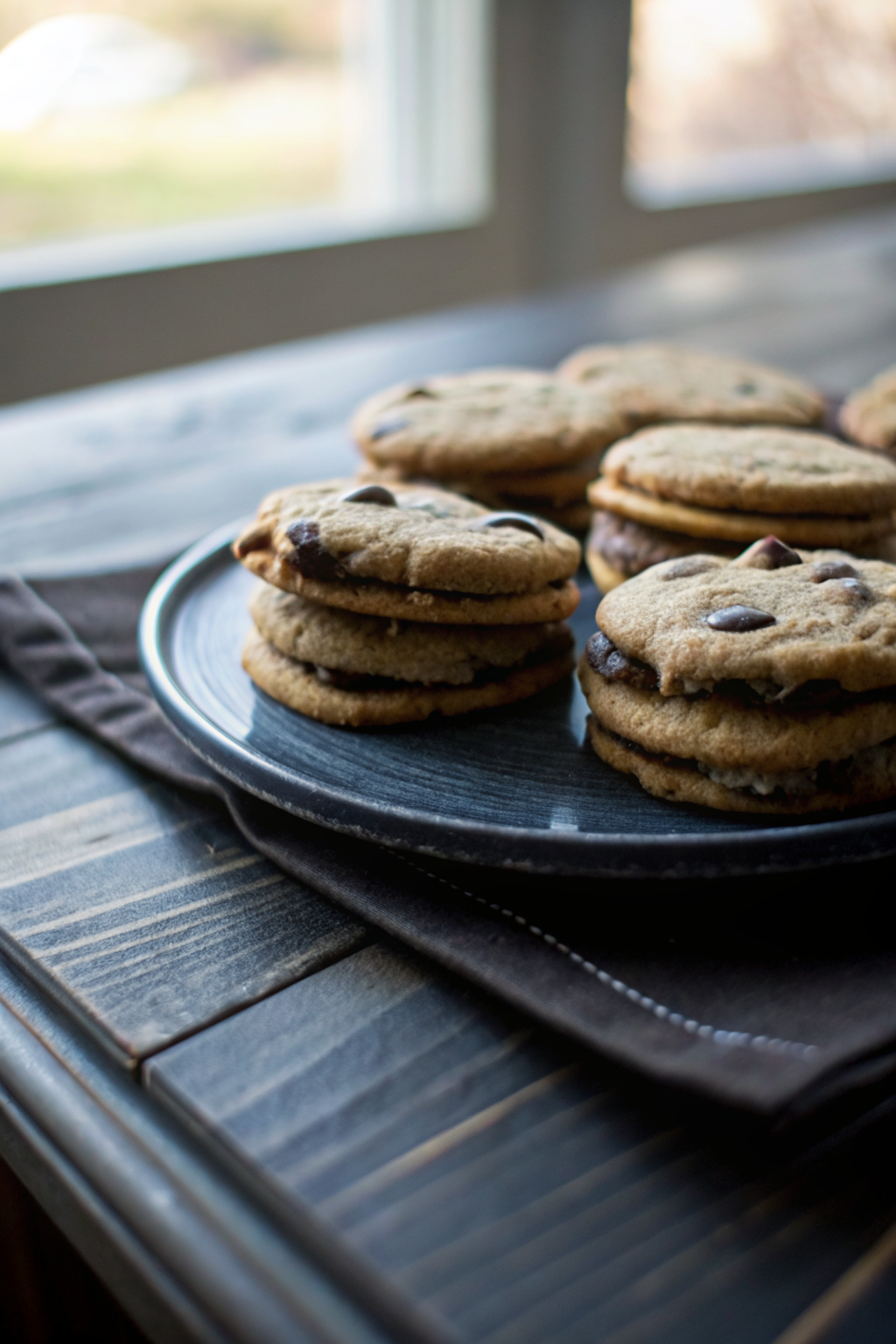 Chocolate Chip Cookie Sandwiches with Nutella Cream Cheese Filling slice on plate showing perfect texture and swirl pattern