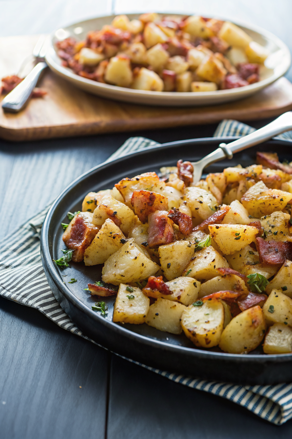 Crispy Cheese Bacon Potatoes beautifully presented from an overhead angle