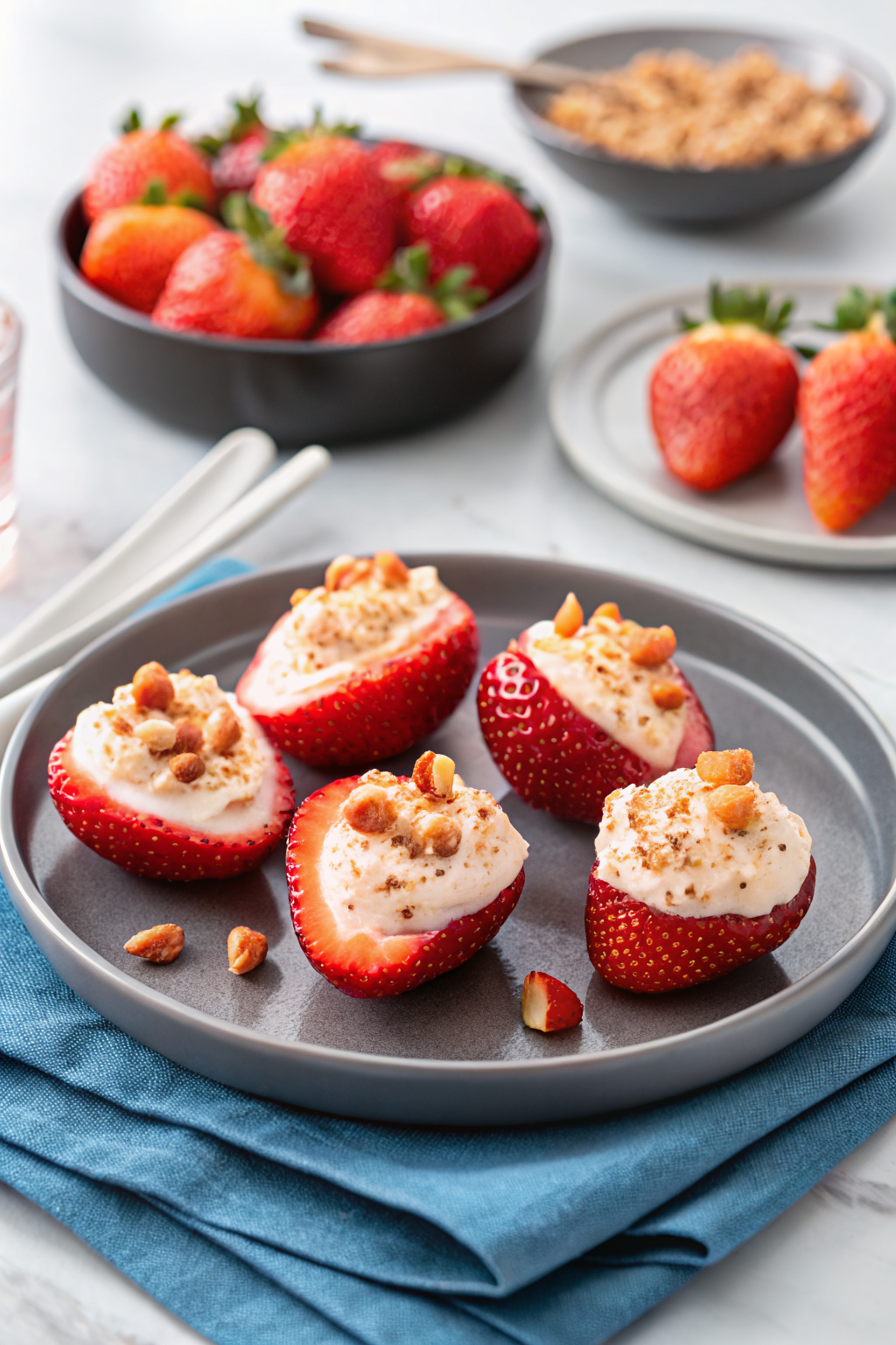 Deviled Strawberries ingredients organized and measured on kitchen counter