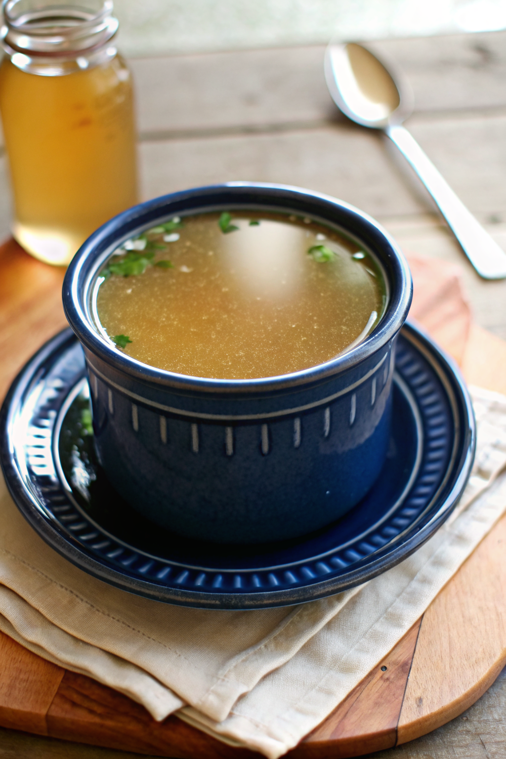 Homemade Chicken Broth beautifully presented from an overhead angle
