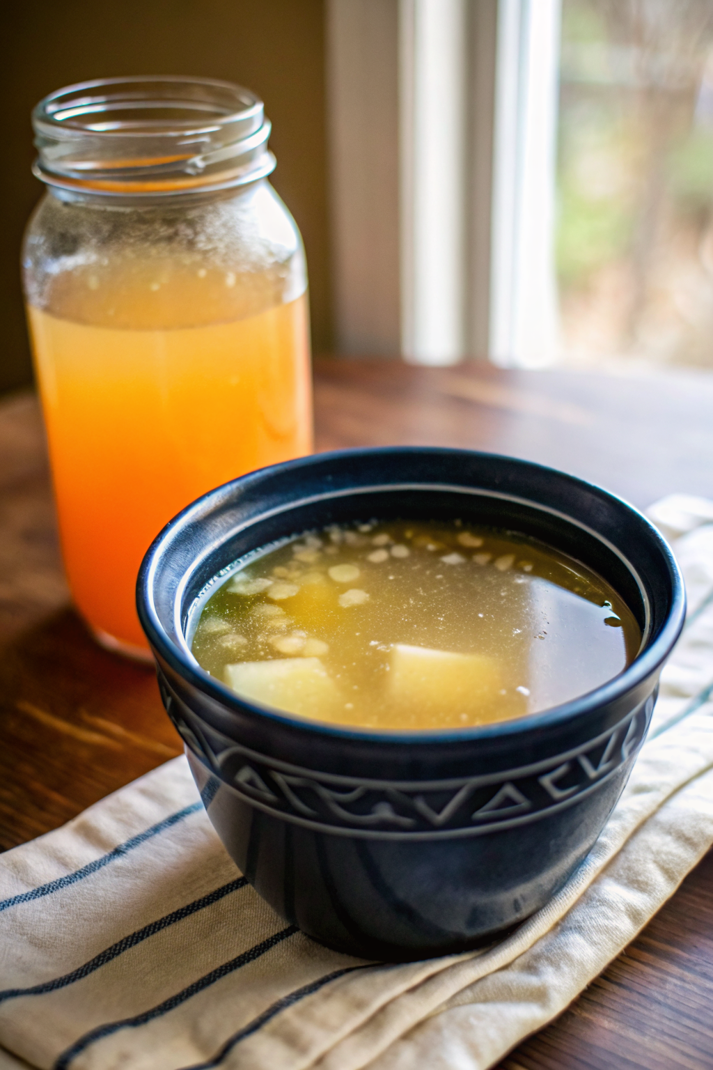 Homemade Chicken Broth slice on plate showing perfect texture and swirl pattern