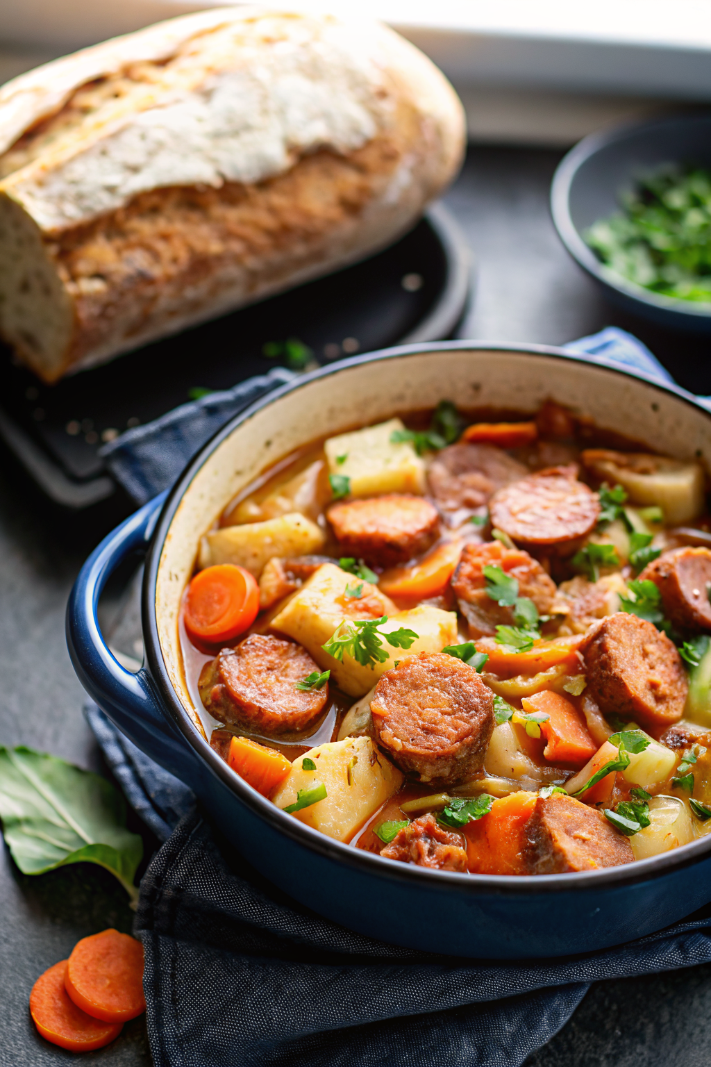Dublin Coddle beautifully presented from an overhead angle