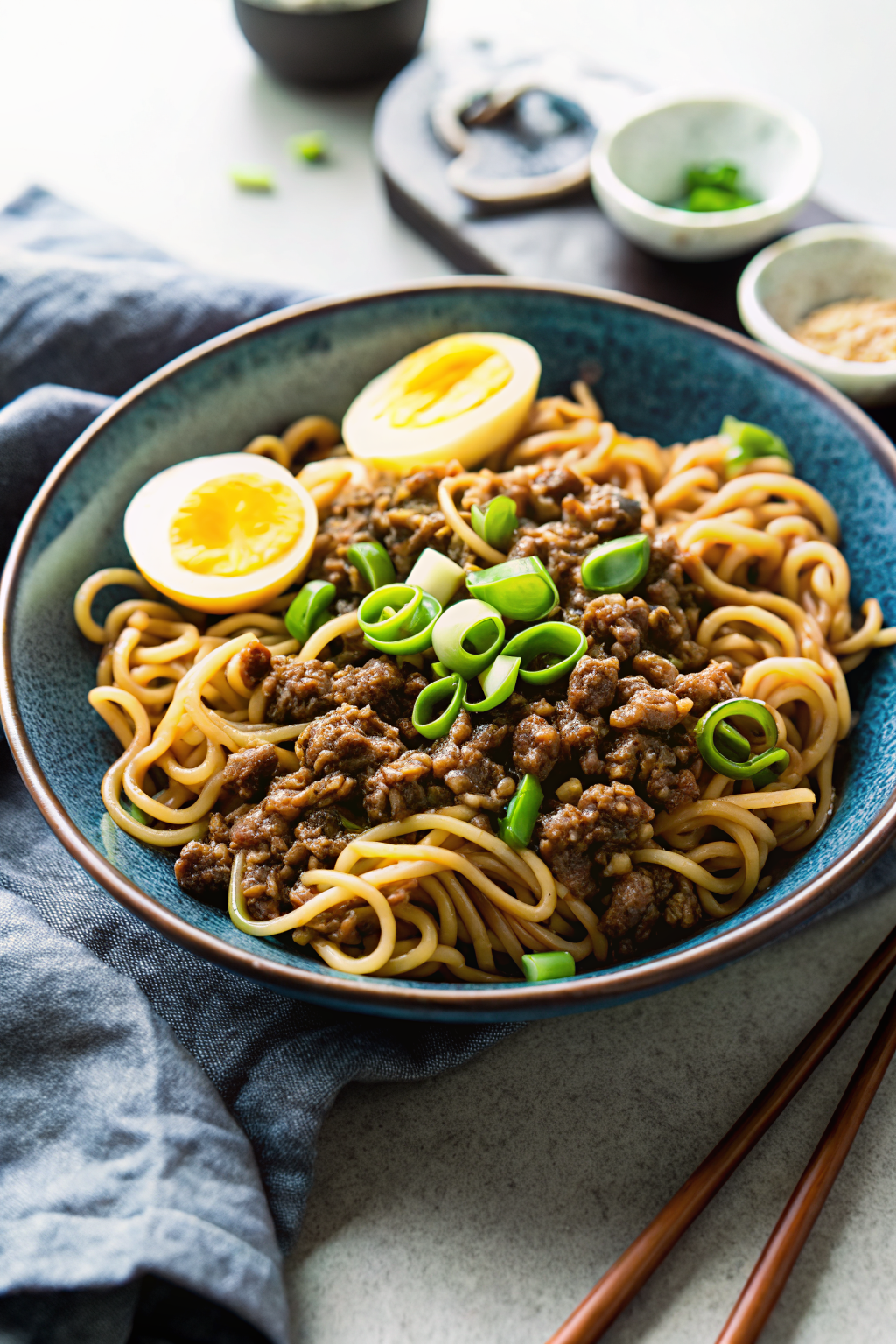 One-Pot Ground Beef Ramen Noodles beautifully presented from an overhead angle