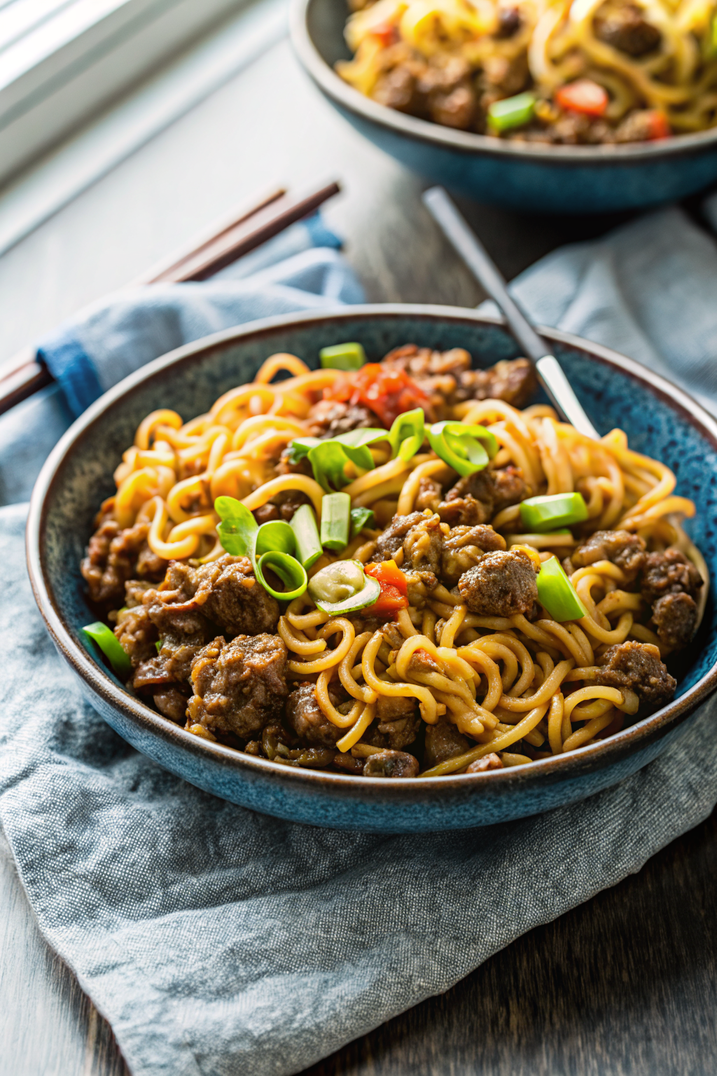 One-Pot Ground Beef Ramen Noodles slice on plate showing perfect texture and swirl pattern