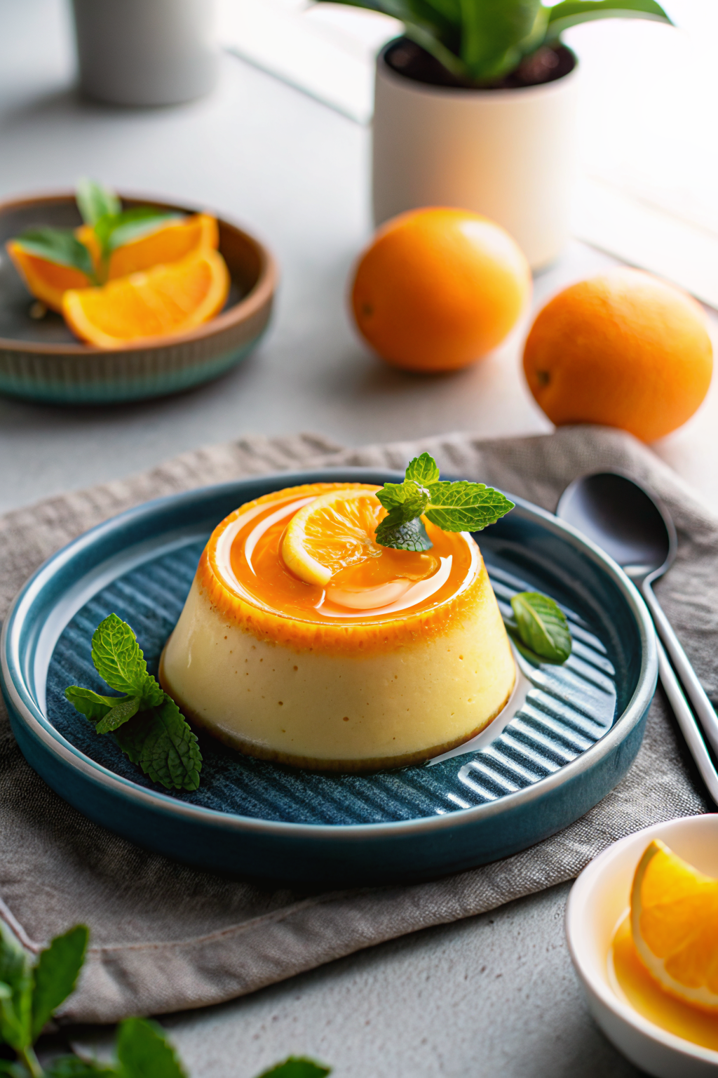 Creamy Orange Custard beautifully presented from an overhead angle