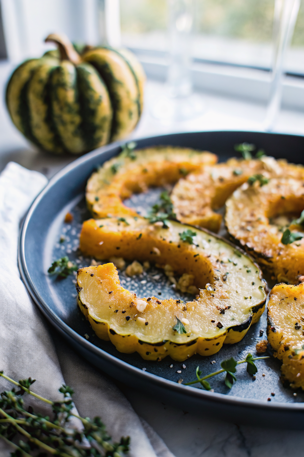 Parmesan Crusted Delicata Squash beautifully presented from an overhead angle