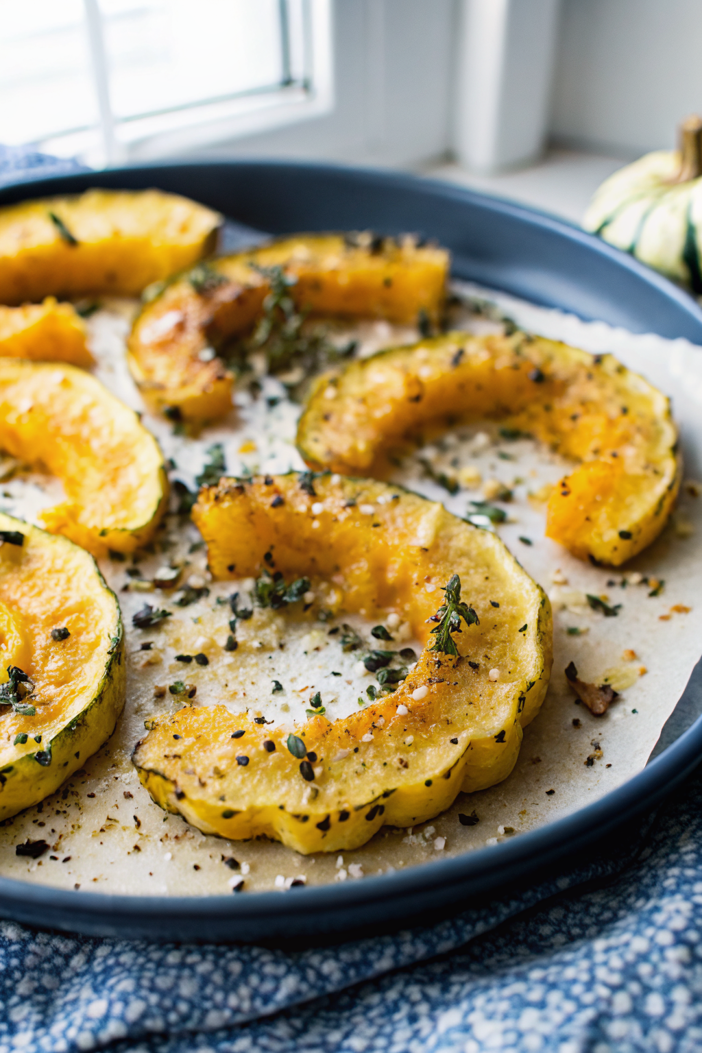 Parmesan Crusted Delicata Squash slice on plate showing perfect texture and swirl pattern