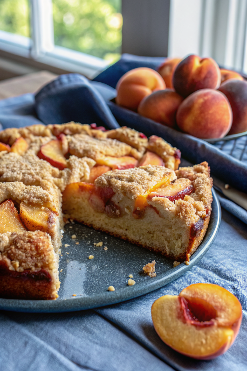 Peach Coffee Cake beautifully presented from an overhead angle