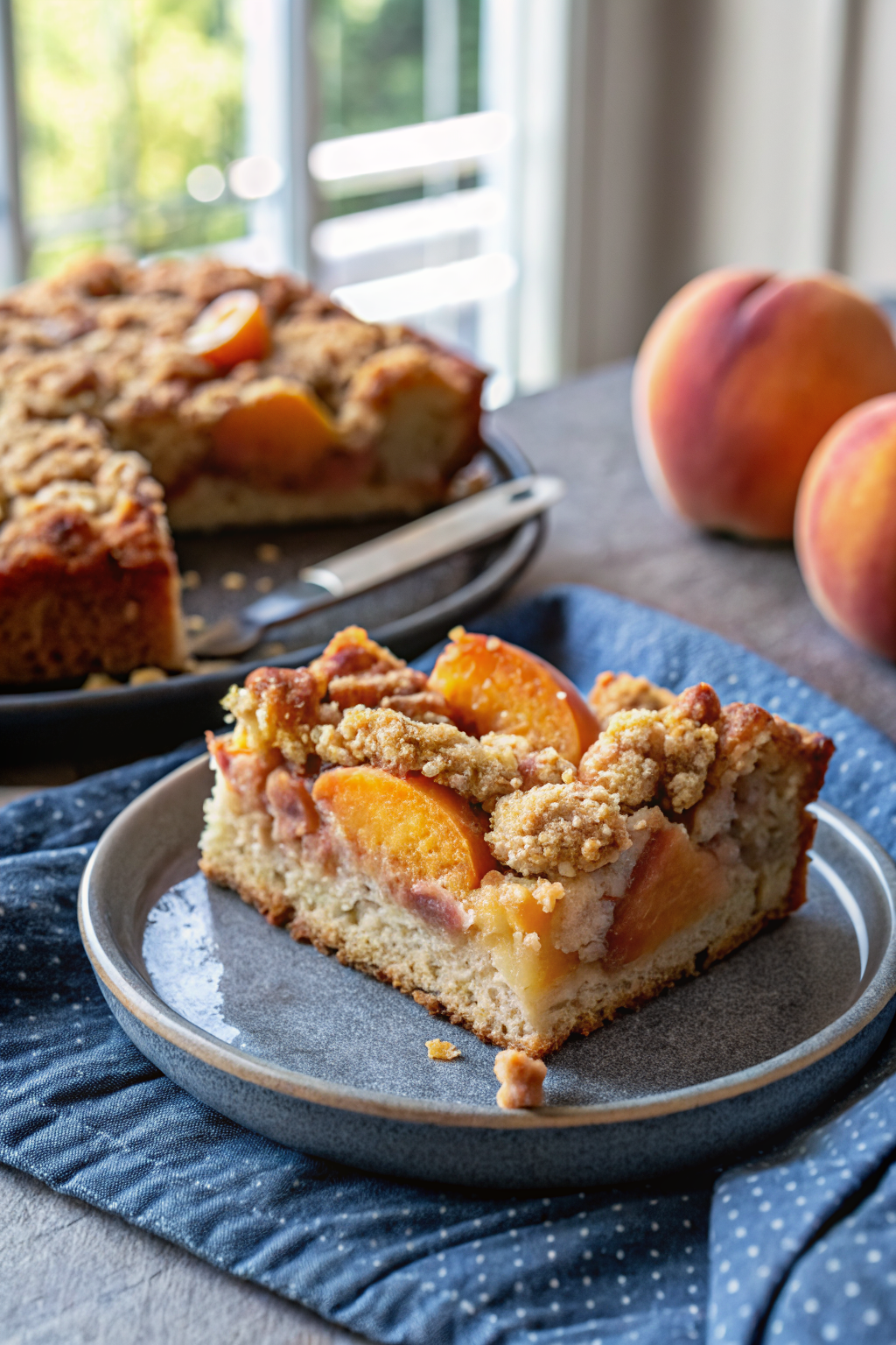 Peach Coffee Cake slice on plate showing perfect texture and swirl pattern