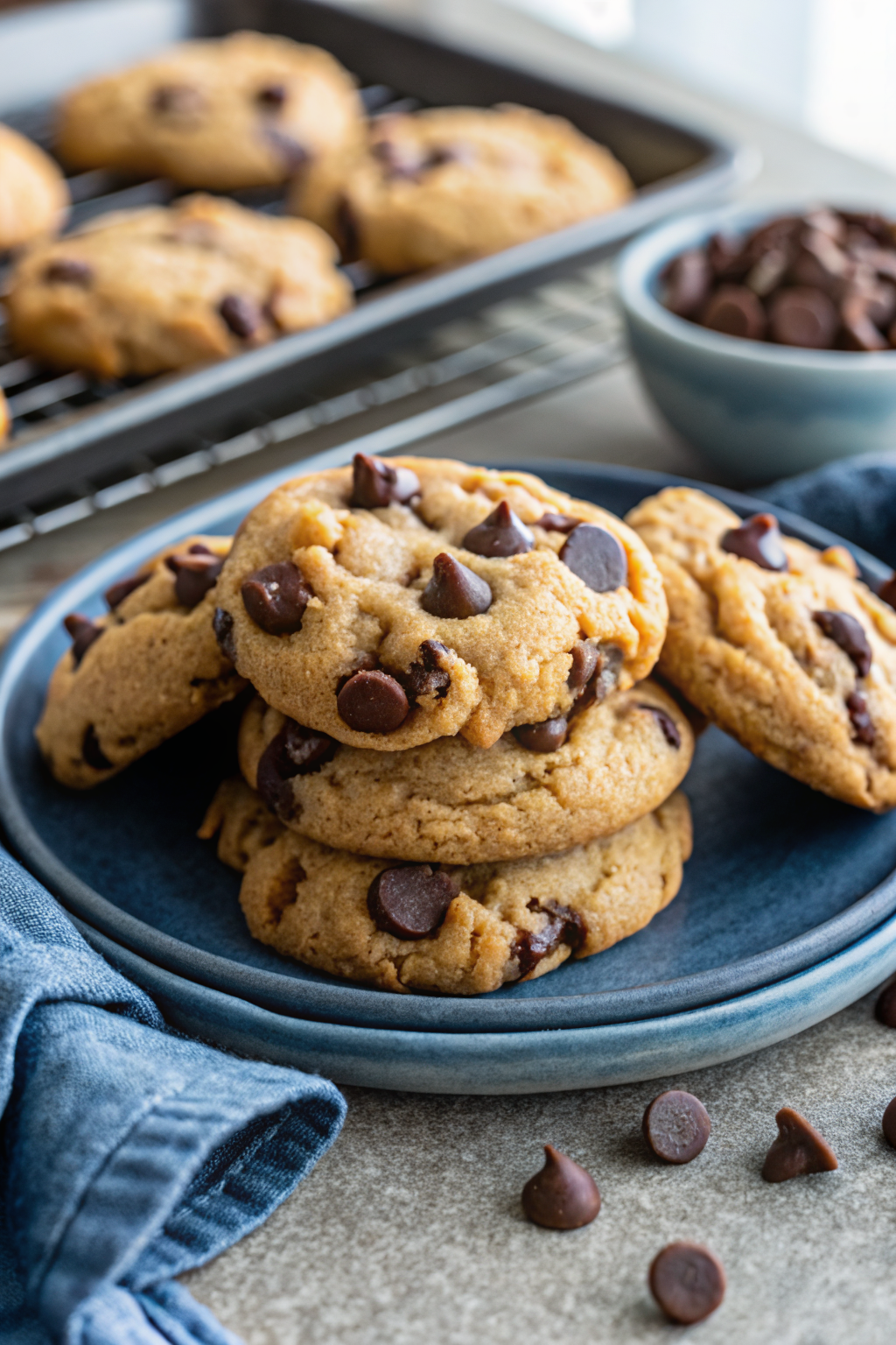Peanut Butter Chocolate Chip Cookies slice on plate showing perfect texture and swirl pattern