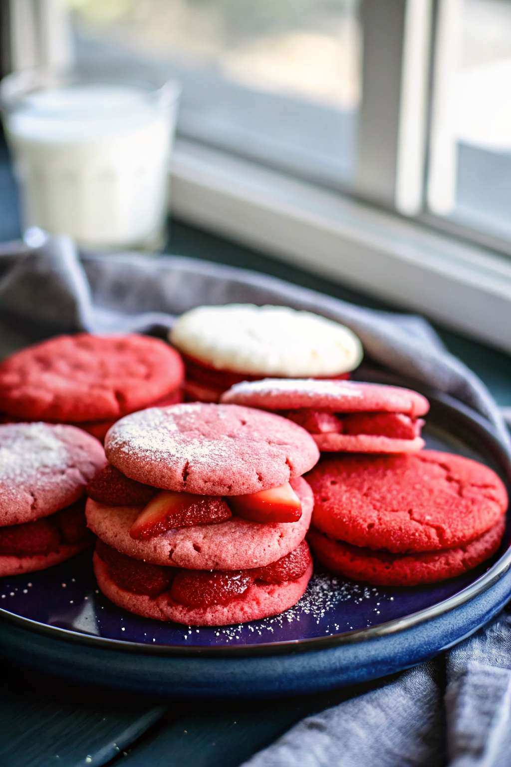 Red Velvet Sugar Cookies beautifully presented from an overhead angle