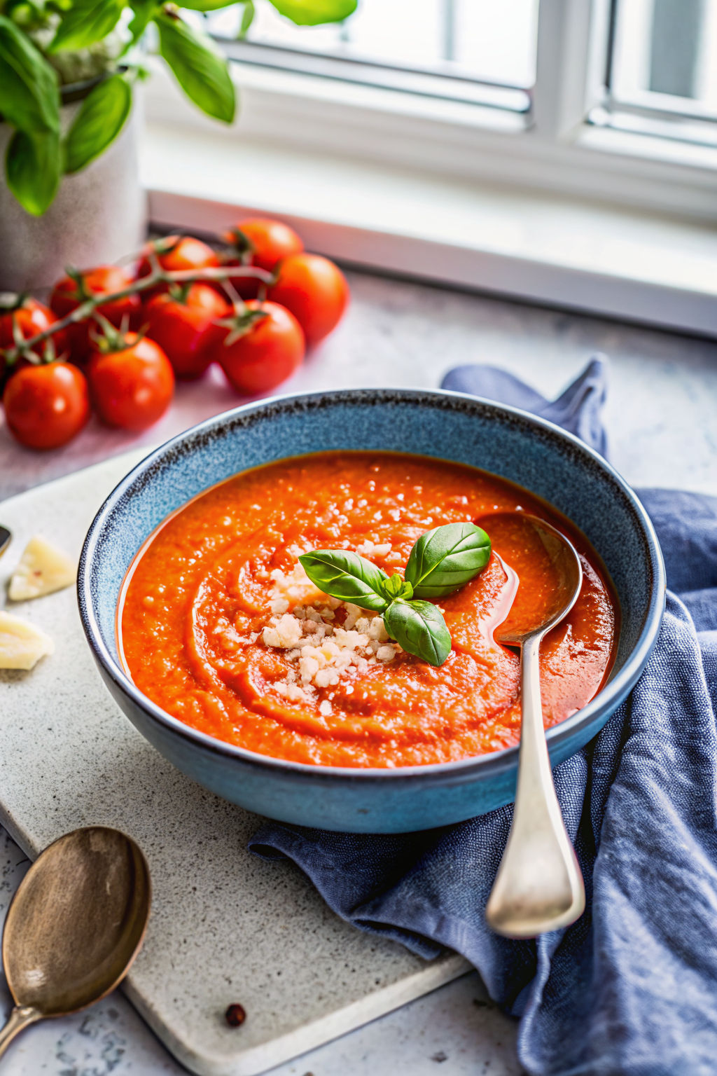 Roasted Red Pepper Soup beautifully presented from an overhead angle