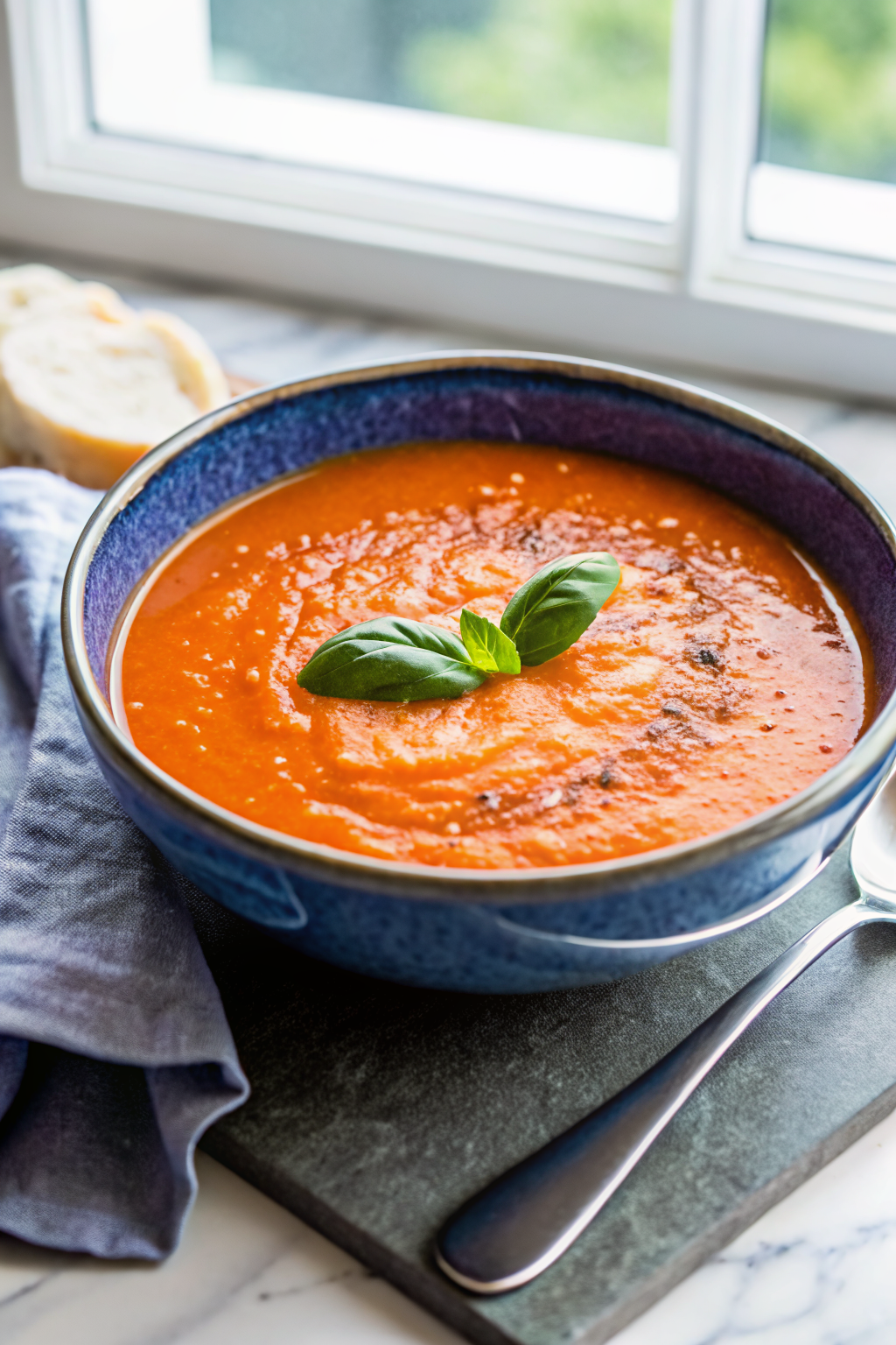 Roasted Red Pepper Soup slice on plate showing perfect texture and swirl pattern