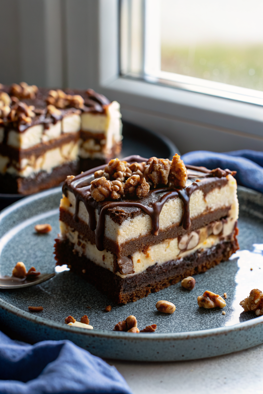 Snickers Peanut Butter Brownie Ice Cream Cake beautifully presented from an overhead angle