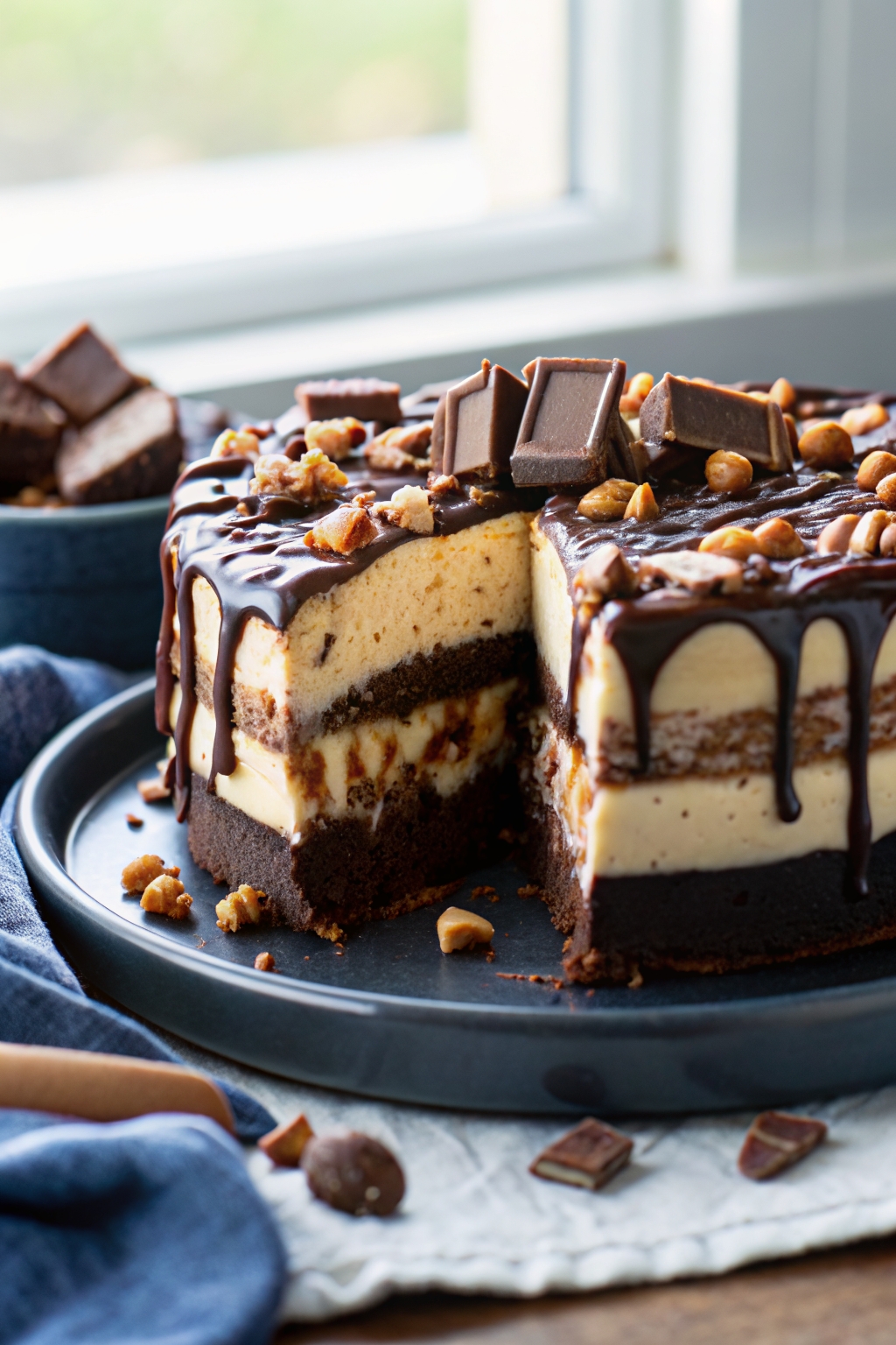 Snickers Peanut Butter Brownie Ice Cream Cake ingredients organized and measured on kitchen counter