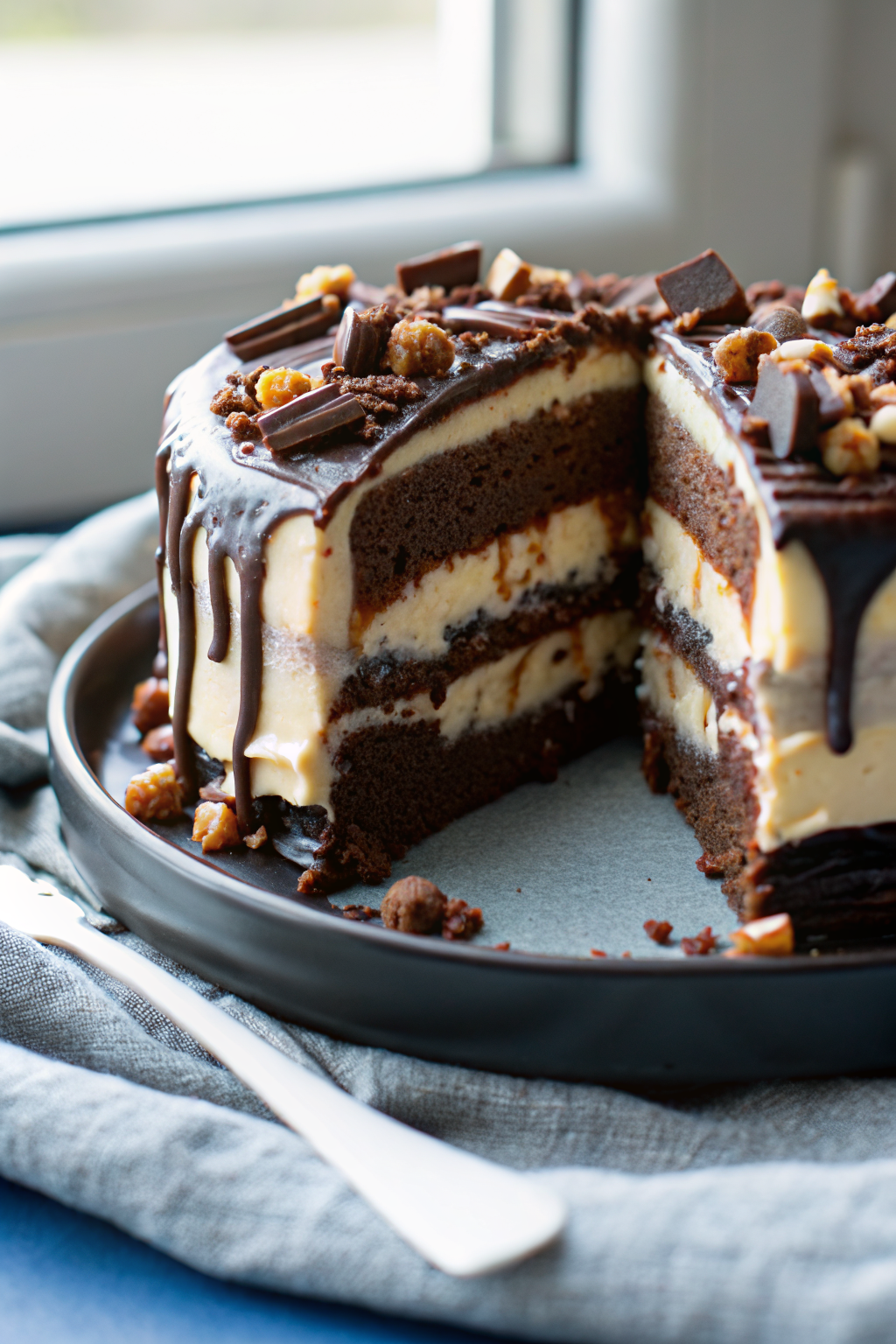 Snickers Peanut Butter Brownie Ice Cream Cake slice on plate showing perfect texture and swirl pattern