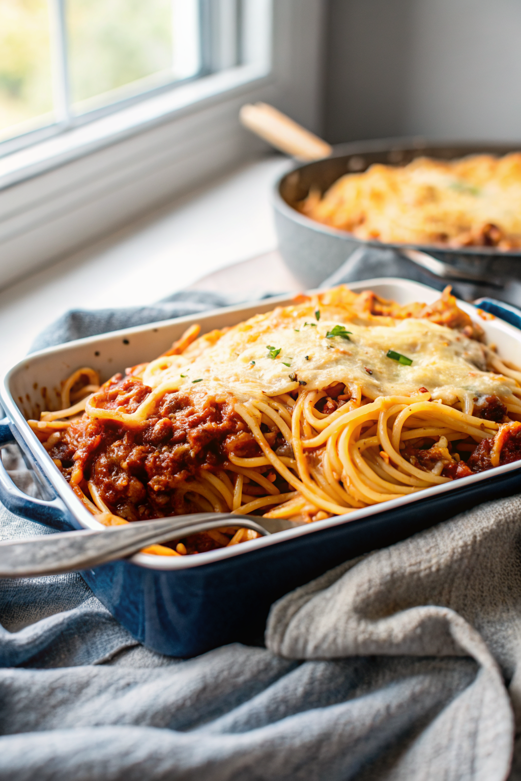 Spaghetti Bake beautifully presented from an overhead angle