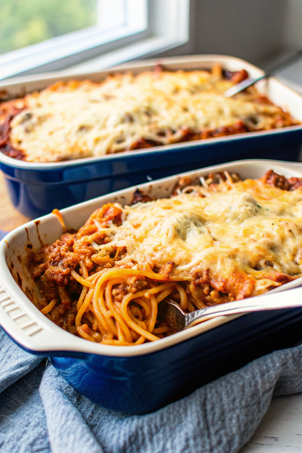 Spaghetti Bake slice on plate showing perfect texture and swirl pattern