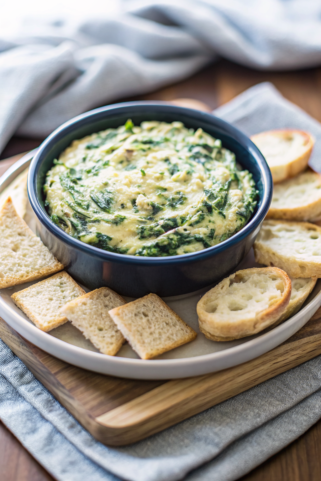 Spinach Artichoke Dip beautifully presented from an overhead angle
