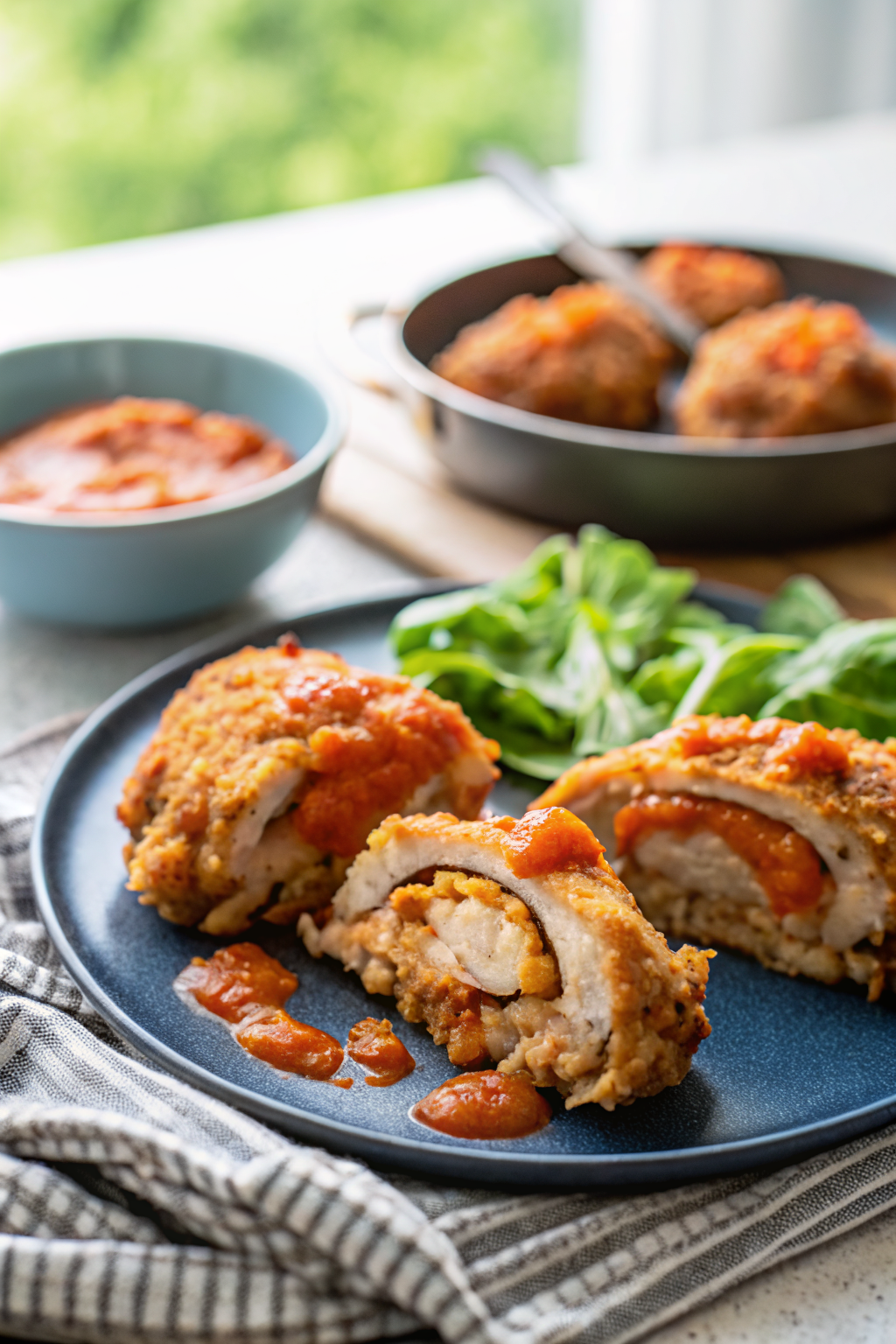 Stuffed Buffalo Chicken beautifully presented from an overhead angle