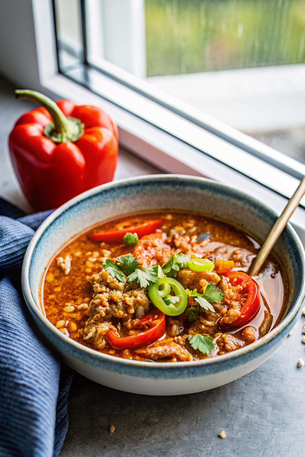 Stuffed Pepper Soup beautifully presented from an overhead angle