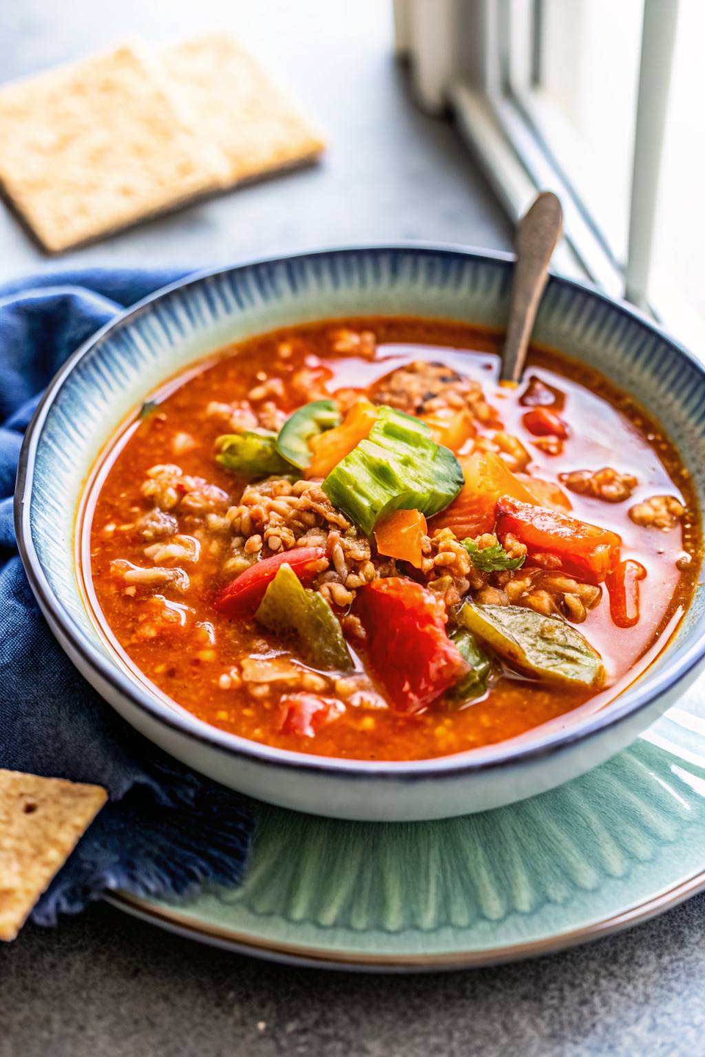 Stuffed Pepper Soup slice on plate showing perfect texture and swirl pattern