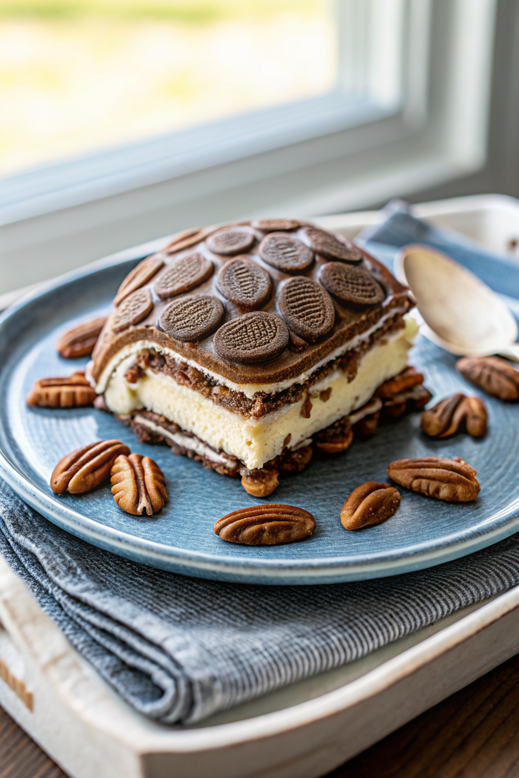 Turtle Ice Cream Sandwich Cake beautifully presented from an overhead angle