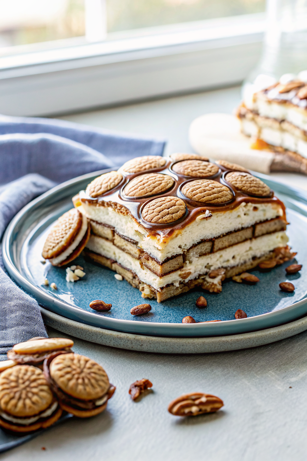 Turtle Ice Cream Sandwich Cake slice on plate showing perfect texture and swirl pattern